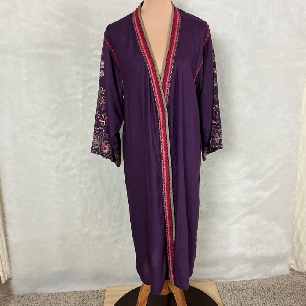 Anthropologie Blank London Purple Long Floral Metallic Embroidered Kimono Jacket